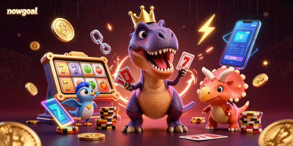 Join the fun with nowgoal while the T-Rex shuffles cards and the triceratops stacks golden chips in an exciting casino scene.
