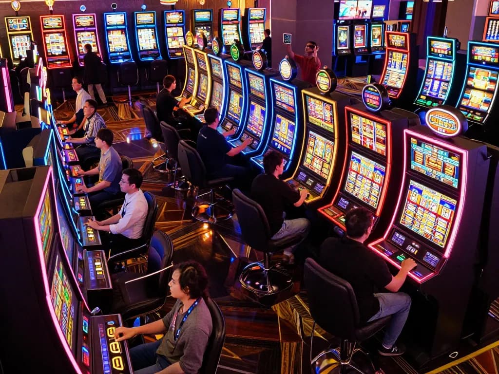 Players enjoying lively slot machines surrounded by vibrant lights at the casino