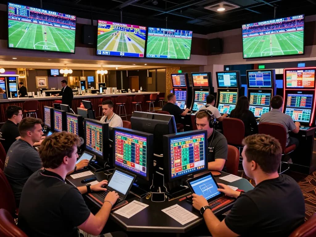 Engaged bettors analyzing odds at sports betting area featuring m108 event screens