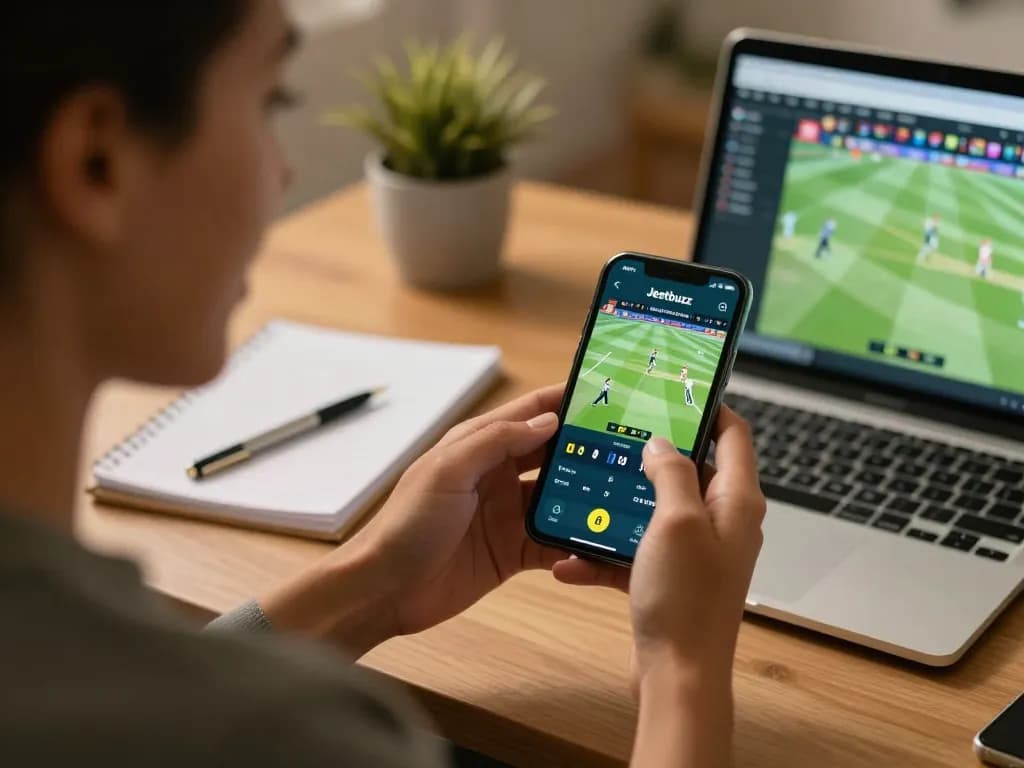 Engaging with the Jeetbuzz App for live betting on cricket from a cozy home office.