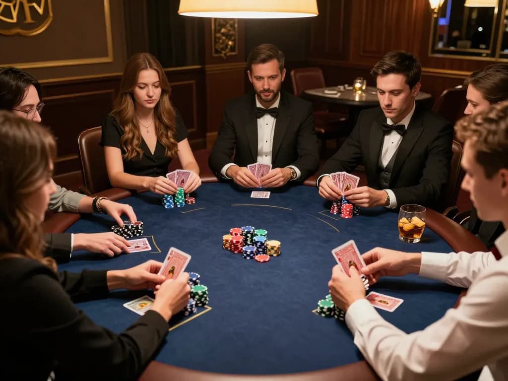 IWIN CLUB poker night with friends playing cards around an elegant table, showcasing strategic gameplay.