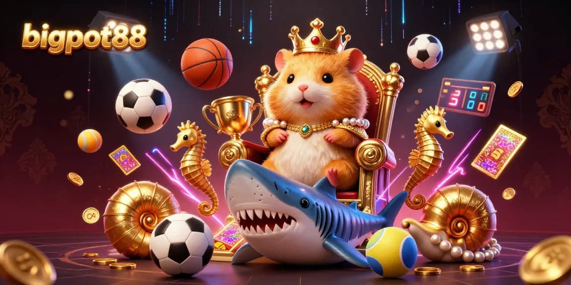 Join the excitement of bigpot88 with a vibrant 3D casino illustration showcasing a golden hamster king and sports elements.