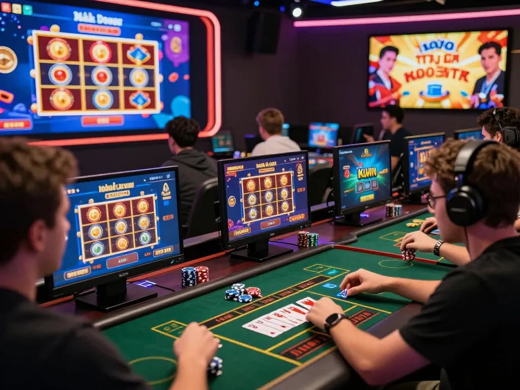 Engaging scene of players enjoying various games at Nhà Cái Kuwin's online gaming interface, showcasing vibrant interactions and digital excitement.
