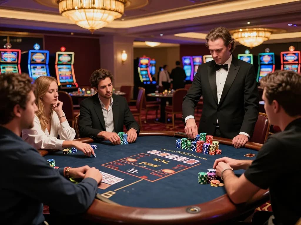 KONG88 players engage in strategic blackjack game amid luxurious casino atmosphere