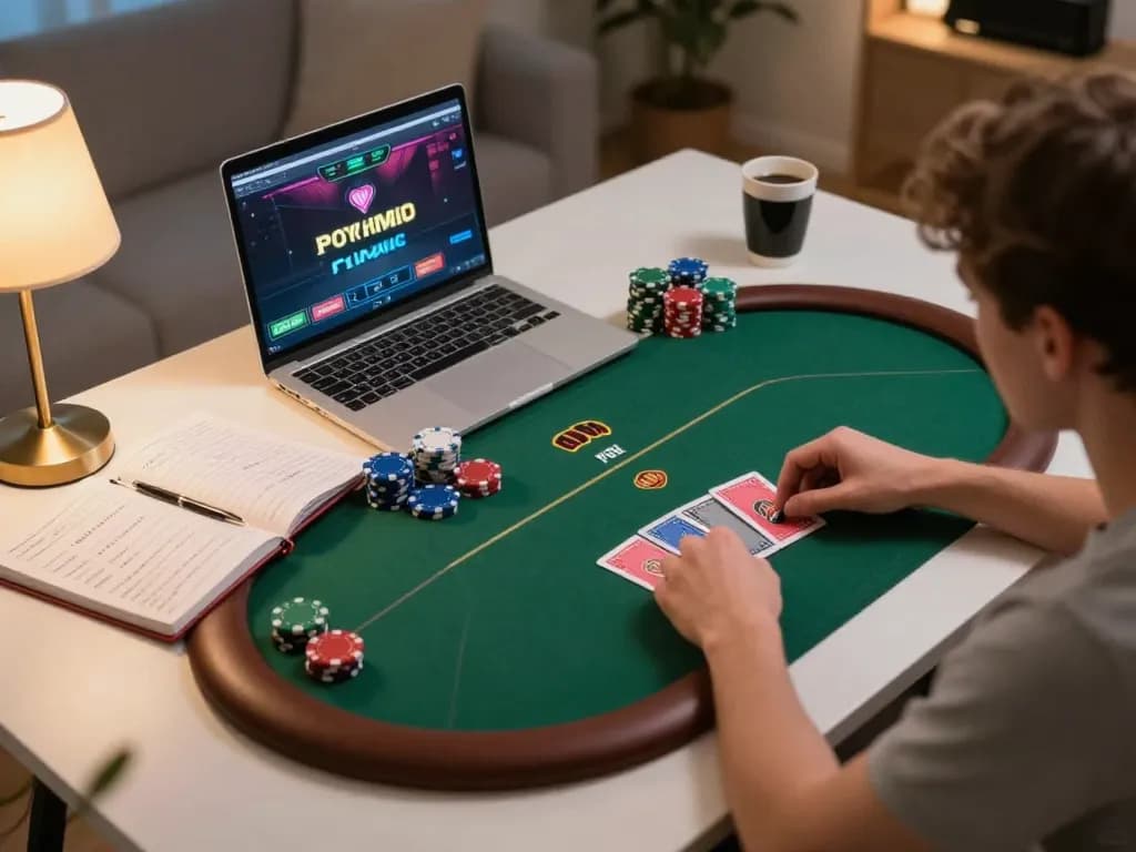 Pemain Dewi89 yang terlibat dalam permainan poker online, menunjukkan kartu dan chip di atas meja yang bergaya.