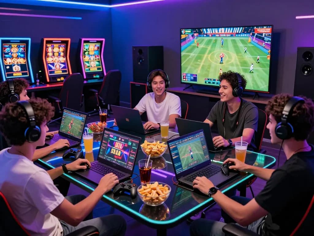 Engaged friends enjoying a competitive 789win online gaming night with vibrant atmospheres and modern tech.