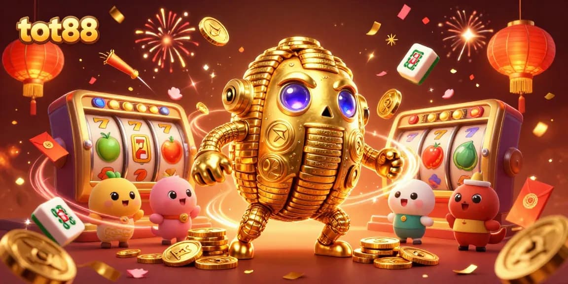 Experience the thrill and excitement of tot88 with our vibrant casino-themed illustration showcasing winning slots and festive energy!