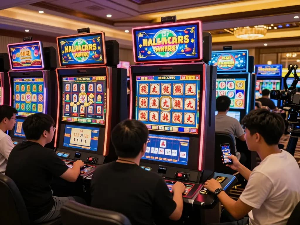 Players celebrating wins on slot mahjong machines in a dynamic online casino atmosphere.