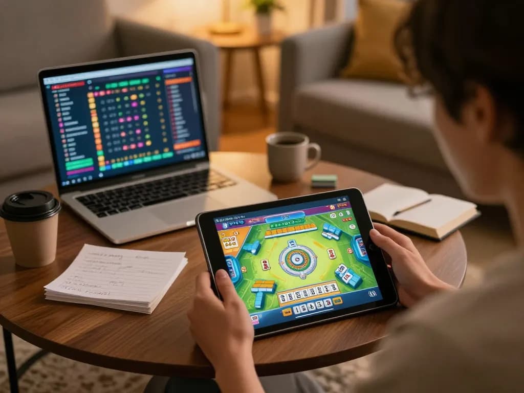 Experience the excitement of Tempo123 Gacor while playing Mahjong Ways on a tablet in a cozy home setup.
