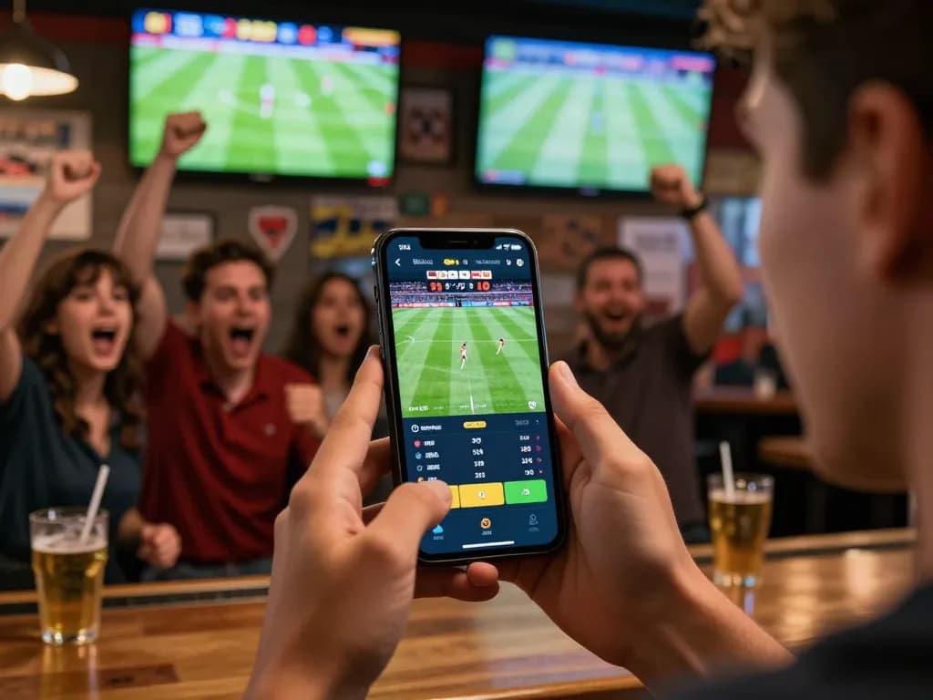 Engaging sports betting scenario with kèo nhà cái 5 displayed on a smartphone during live football action.