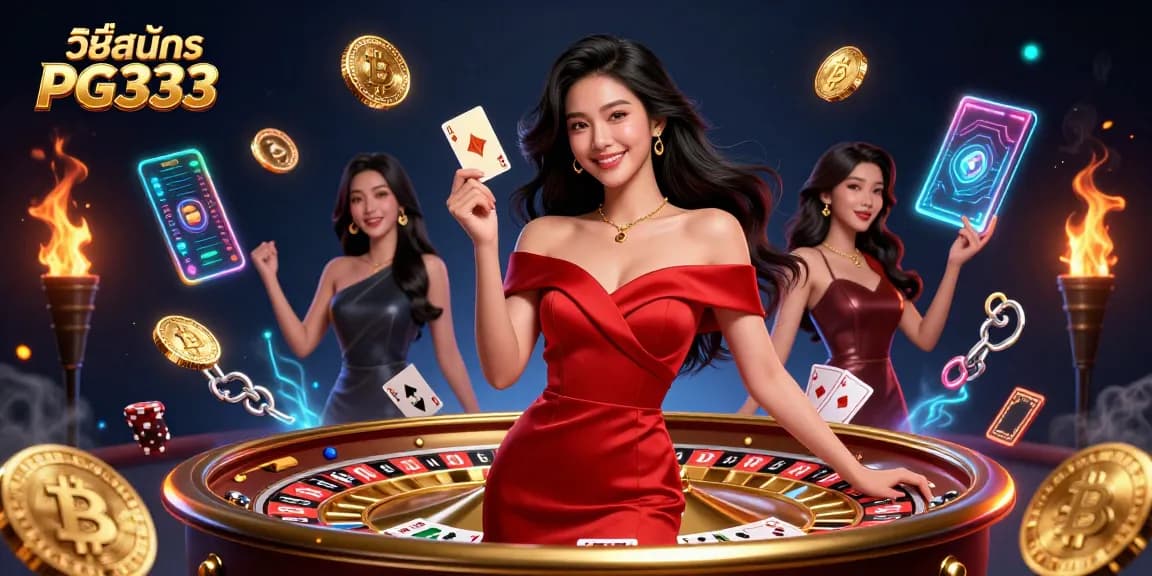 Engage in วิธีสมัคร PG333 with a confident young woman beside a dazzling roulette wheel.