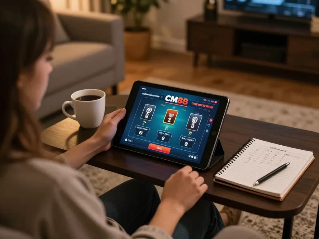 Engaged player enjoying cm88 online poker on a tablet in a cozy home setting.