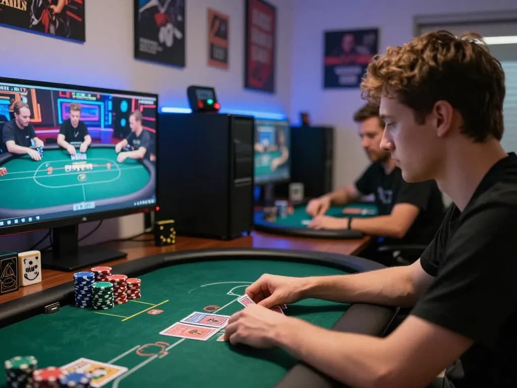 Engaged gambler on hi88 playing poker at home, chips placed on table, multiple screens with game interfaces.