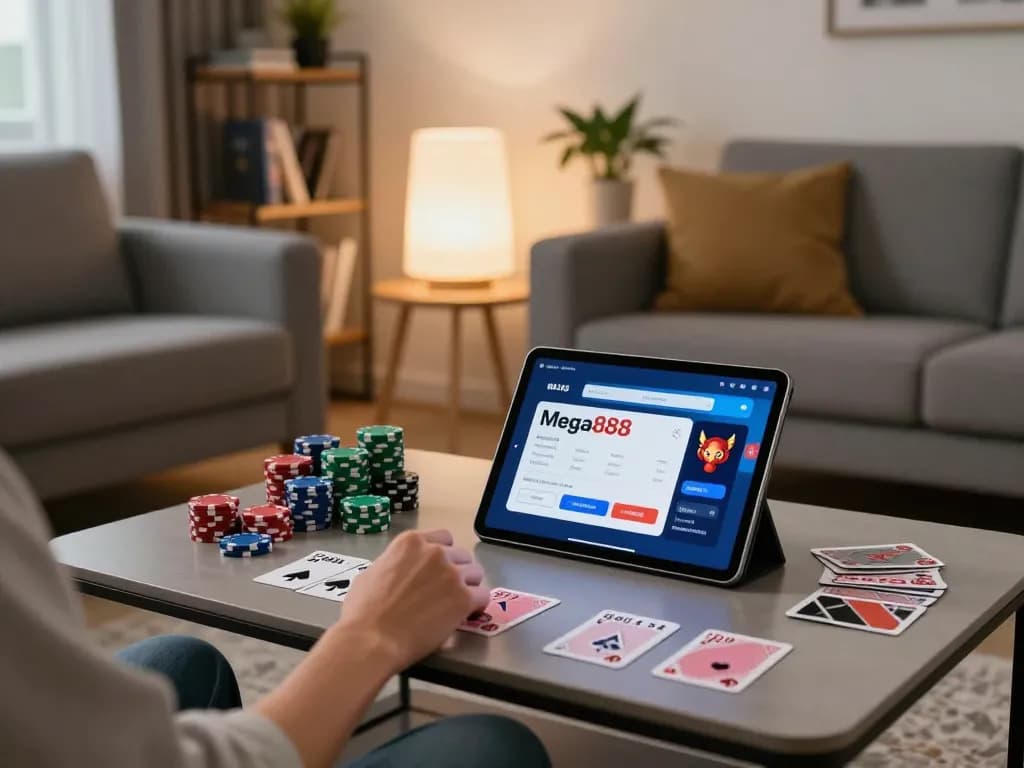 Engaging with Mega888 app on a tablet while downloading Mega888 apk for android in a cozy home setting, showcasing an immersive gaming experience.