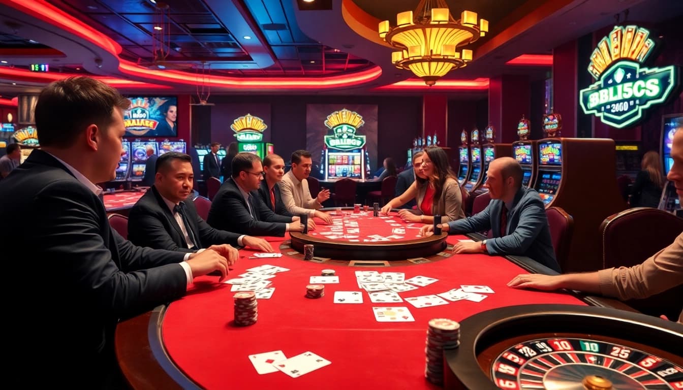 Engaged players enjoying the excitement of BL555 at a luxurious casino table with poker chips and cards.
