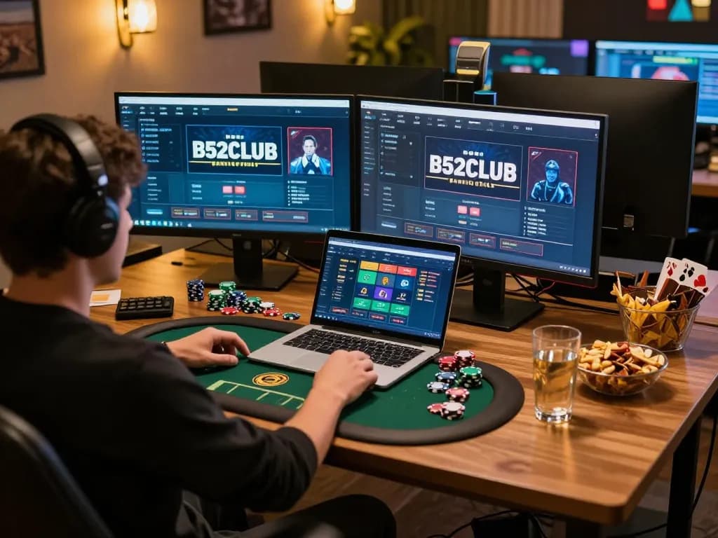 B52CLUB player engaged in online poker with vibrant interface and cozy home setup.