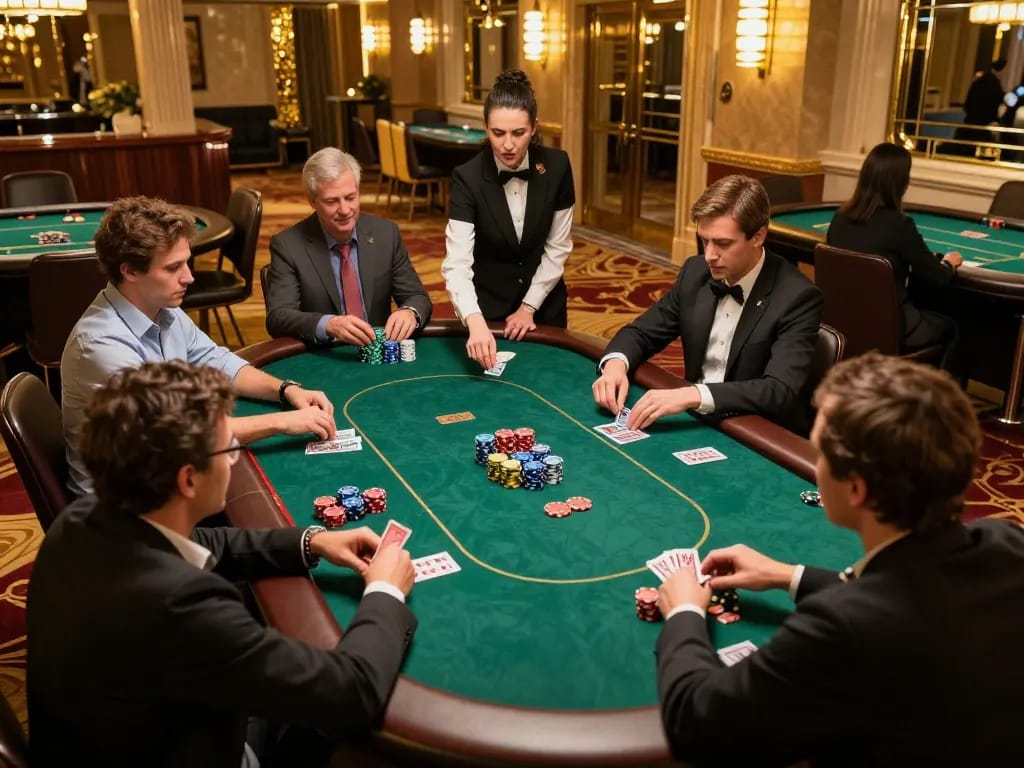 Engaging poker game at FB88 casino with players, dealer in action, luxury atmosphere.