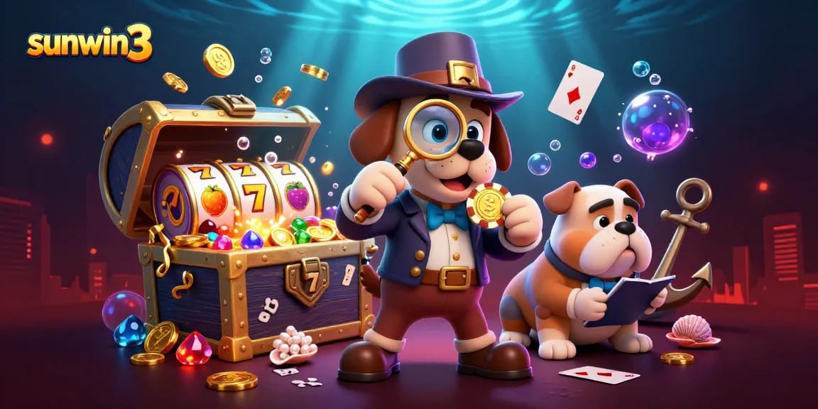 Experience the excitement of sunwin3 with a detective examining clues amidst vibrant casino elements.