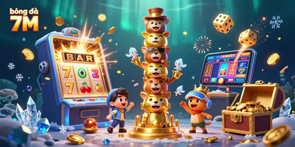 Engage with bóng đá 7M insights through dynamic 3D casino-themed illustration bursting with interactive elements.