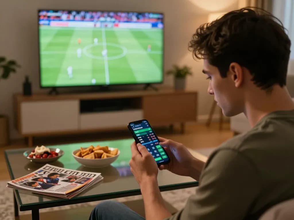 Soi kèo nhà cái hôm nay as player analyzes betting options on smartphone during a thrilling sports match at home.