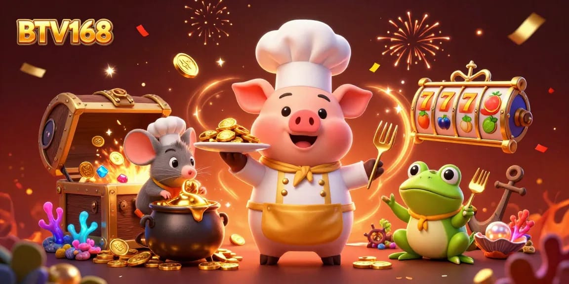 BTV168 engages players with a vibrant casino scene featuring gold coins, a chef pig, and celebratory confetti.