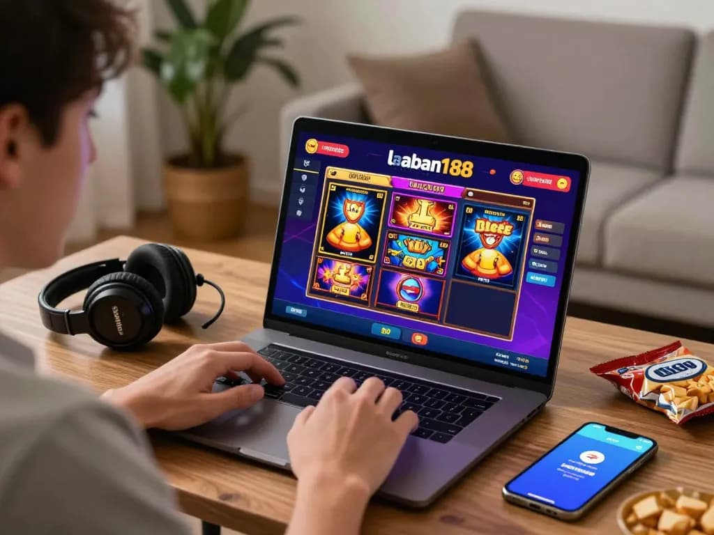 Pemain menikmati slot online laoban188 di pengaturan rumah yang nyaman, menunjukkan kegembiraan dan grafik permainan yang hidup.