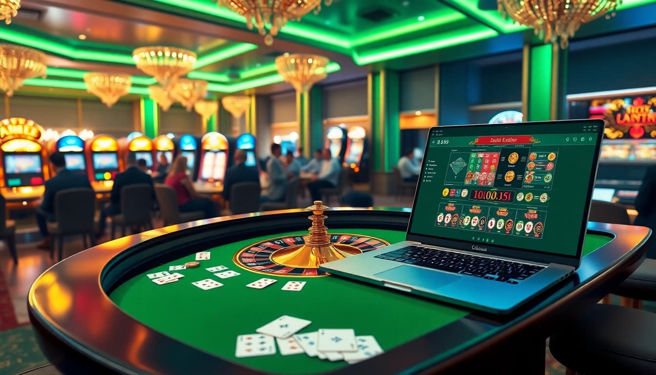 Loto188 players enjoying a vibrant casino experience with roulette and digital interfaces.