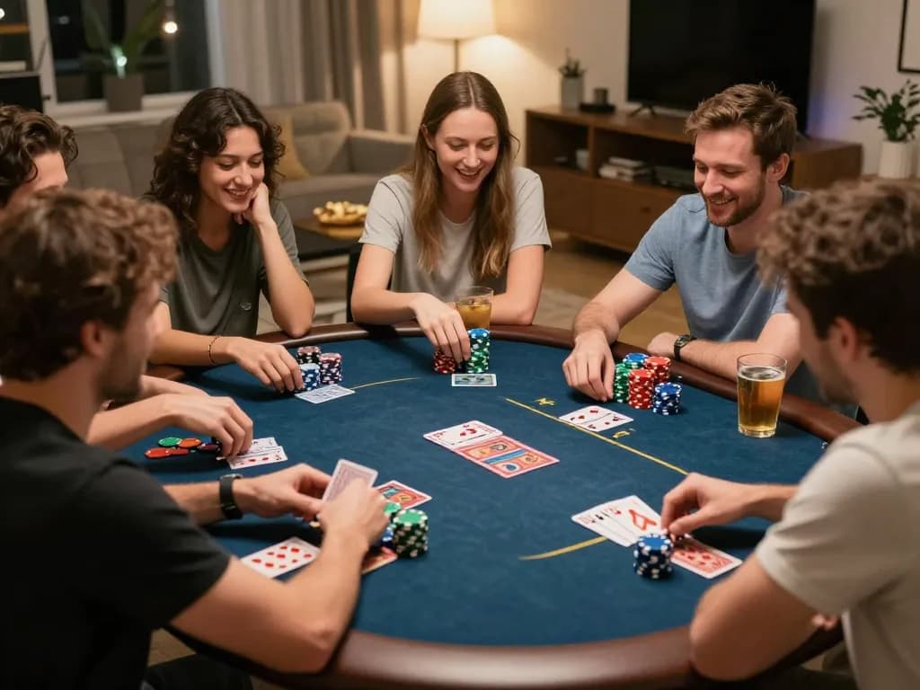 sky88 club friends enjoying a competitive poker night with vibrant chips and cards