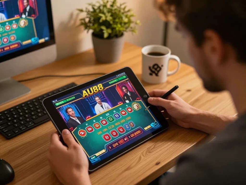 Player enjoying live dealer games on AU88 app in a cozy home setting, showcasing strategic gameplay