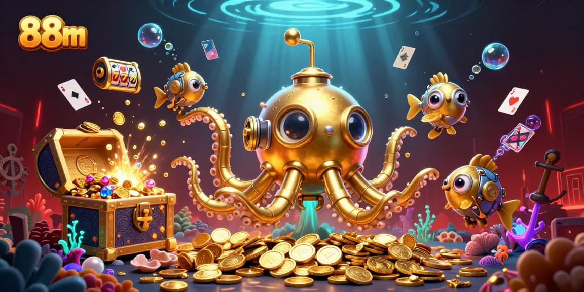 Experience the thrill of 88m with a golden kraken submarine amidst a treasure-filled casino