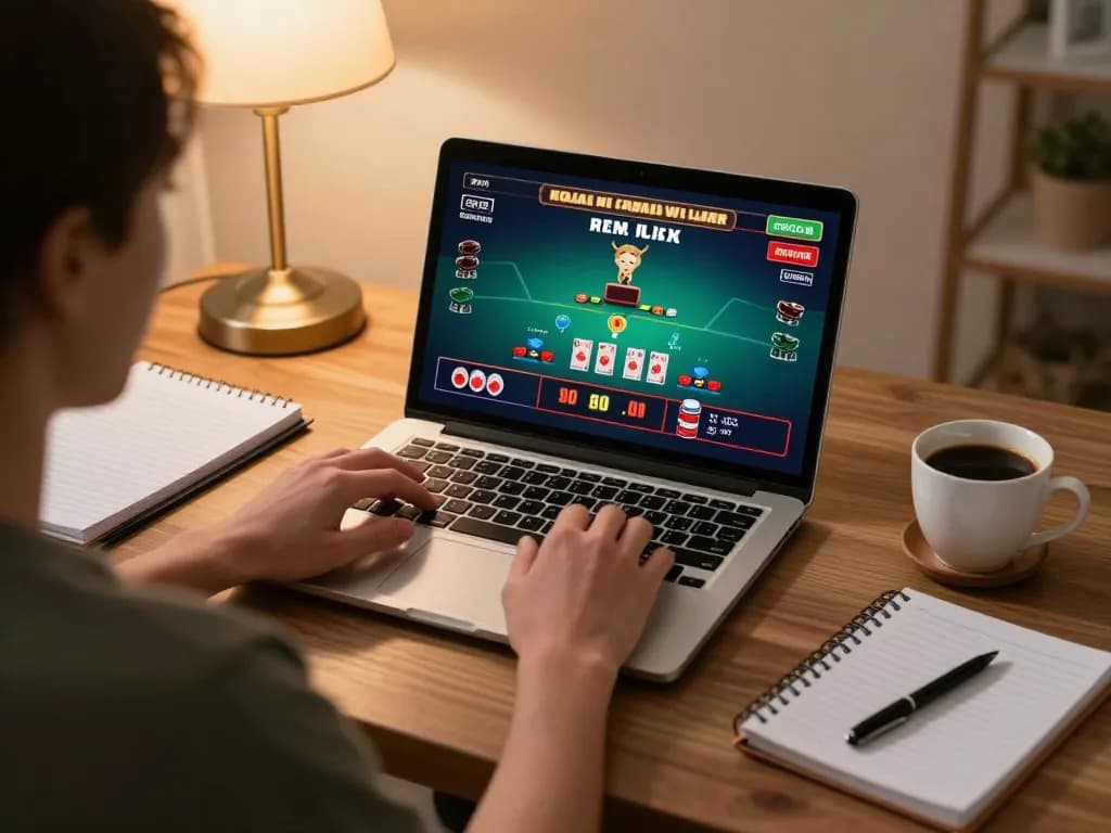 Player enjoying blackjack on goal123.ac at home, strategizing with notes and laptop.