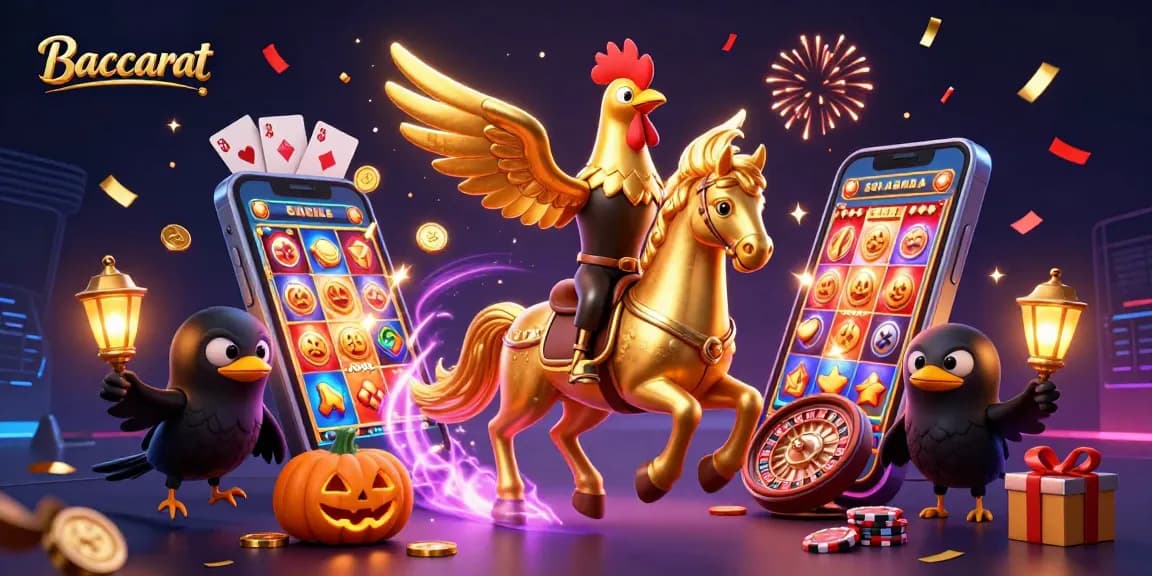 Baccarat game illustration featuring golden rooster character in a vibrant casino setting with dynamic gaming elements.