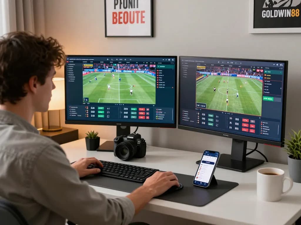 Suasana menarik taruhan olahraga dengan aplikasi GOLDWIN88 di smartphone yang menampilkan odds dan pertandingan langsung.