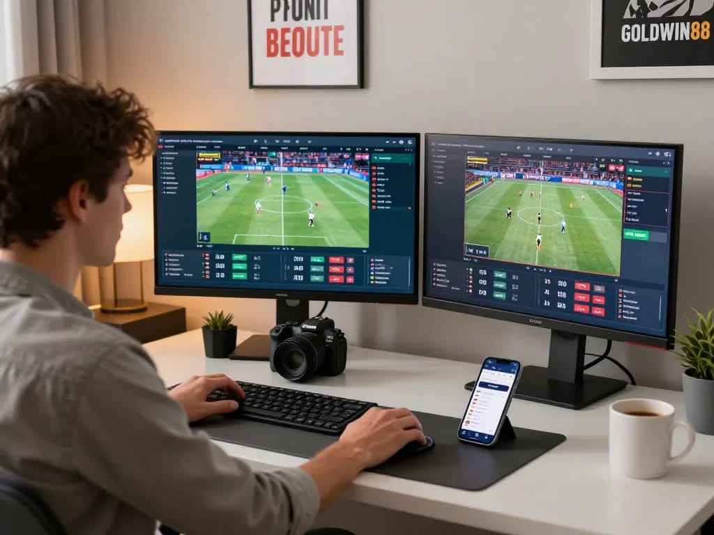 Suasana menarik taruhan olahraga dengan aplikasi GOLDWIN88 di smartphone yang menampilkan odds dan pertandingan langsung.