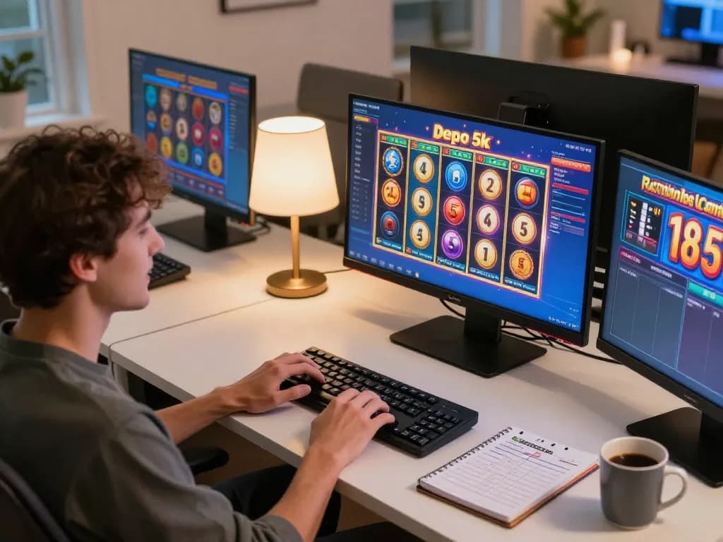 Engaging in online gaming with slot depo 5k, a player watches spinning reels on multiple screens.