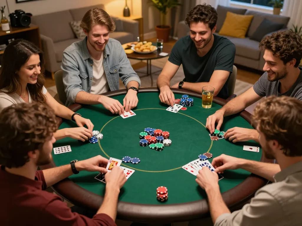 Friends enjoying poker night at home, playing non gamstop games with colorful chips and cards.