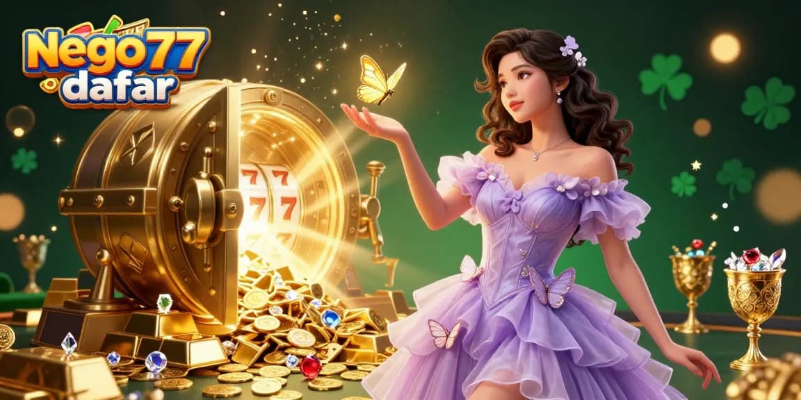 Play and win big with nego77 daftar in this vibrant, immersive casino illustration featuring golden treasures.