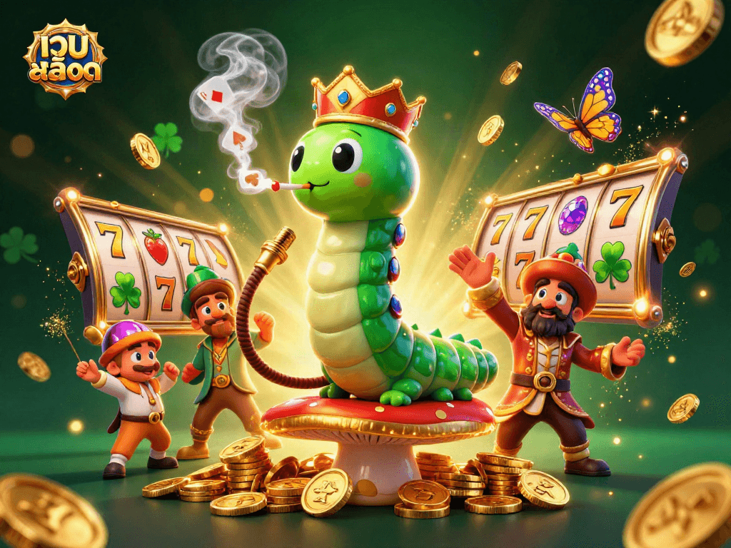Engage with เว็บสล็อต in a rich scene featuring slot reels, golden coins, and vibrant animations.