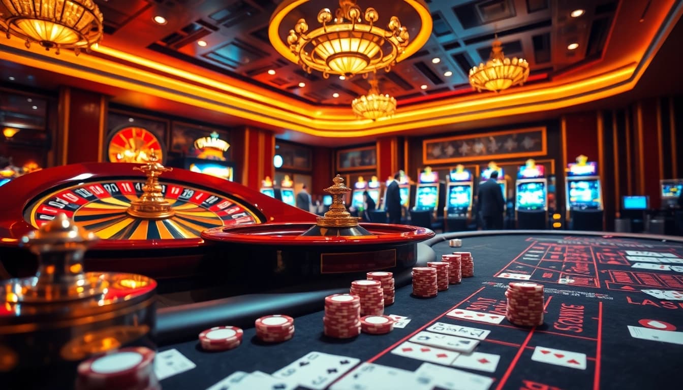 Experience the excitement of gambling at TRANG CHỦ HBBET with vibrant casino visuals, featuring roulette wheels and poker chips.