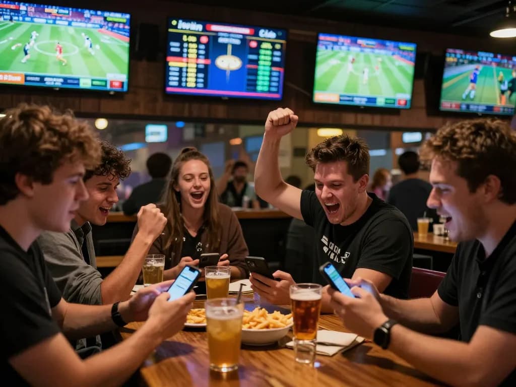 Fans celebrating at iwin club during sports betting with multiple screens displaying live games.