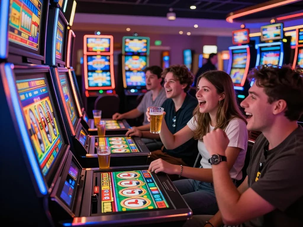 Friends enjoying link slot machines in a vibrant casino atmosphere.