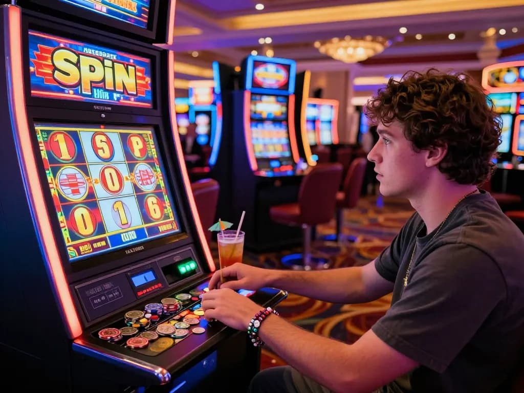 Tampilan menarik permainan link slot dengan pemain siap memutar di kasino yang berwarna-warni