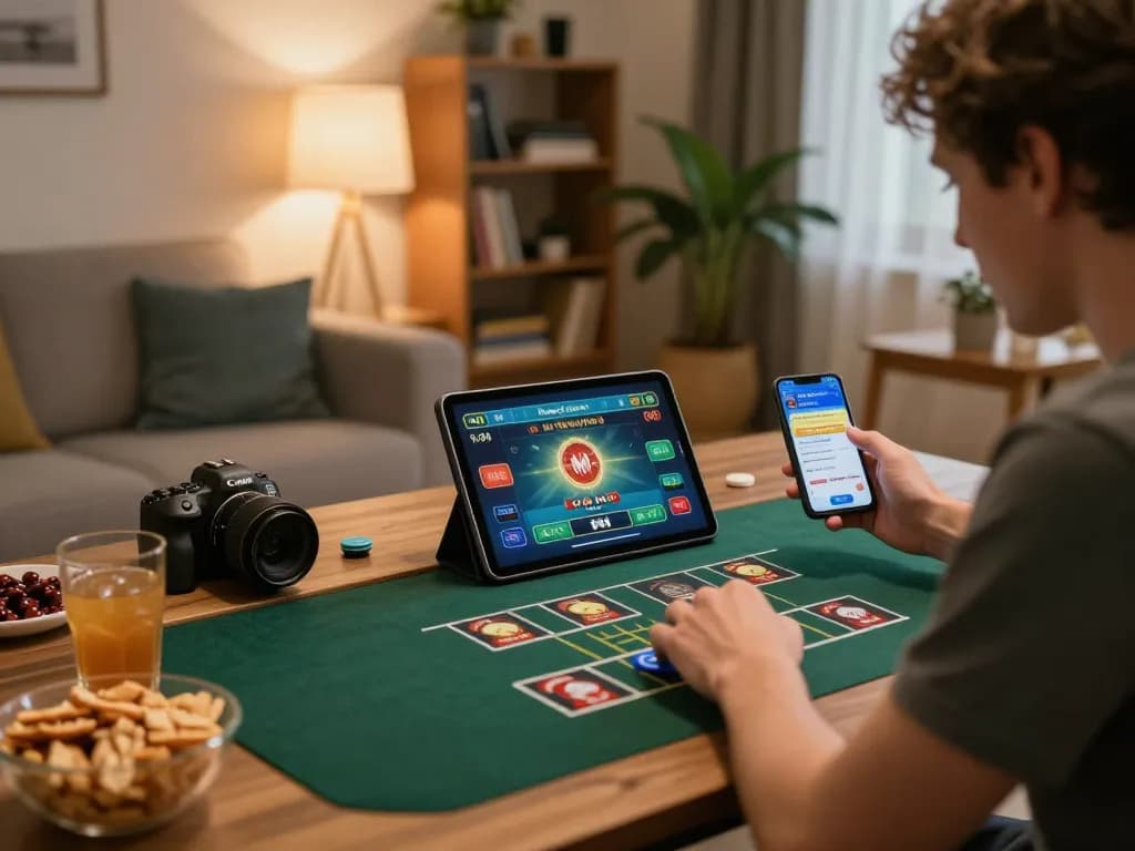 Orang yang menikmati permainan online dengan aplikasi tjroeng di tablet, terlibat dalam aksi dealer langsung, suasana rumah yang nyaman