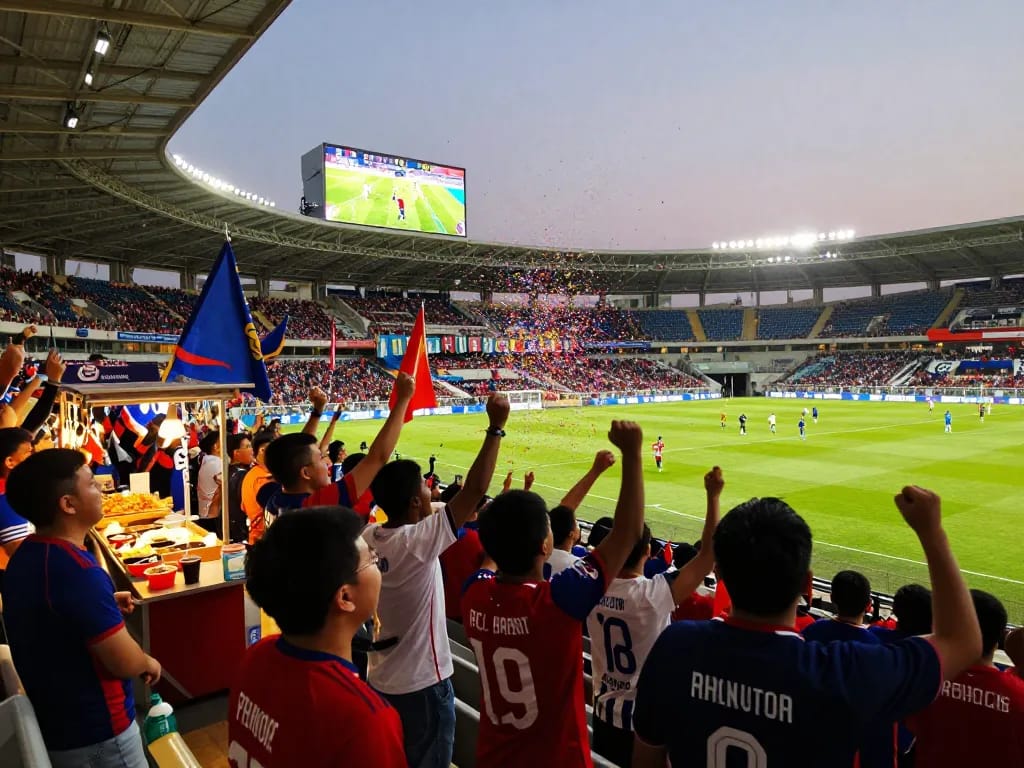 Exciting football fans cheering during a live match at Now Goal.