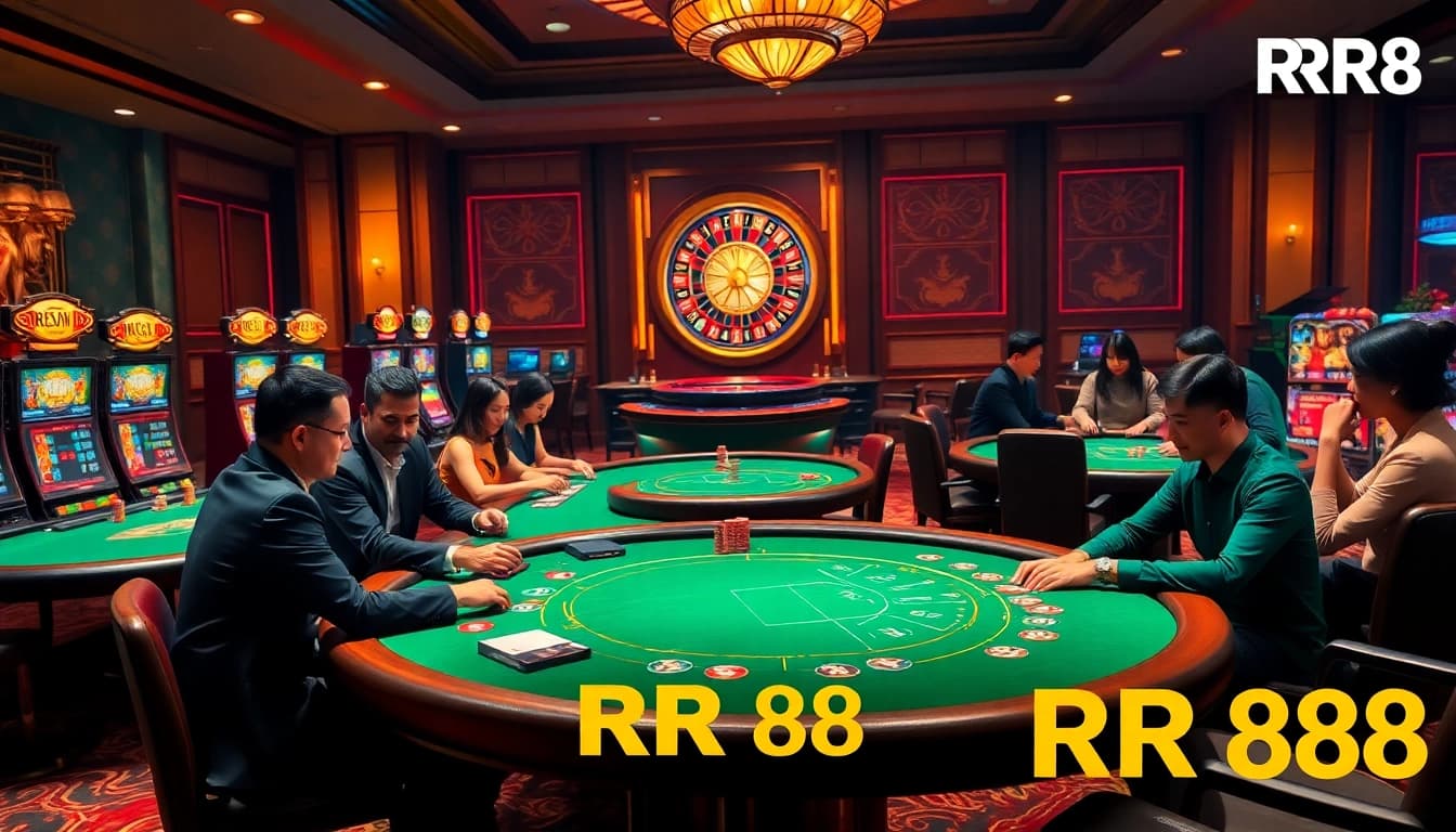 Players enjoying excitement at RR 88's luxurious casino with poker tables and slot machines.