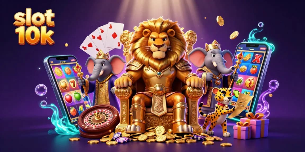 Experience thrilling wins with slot 10k, colorful slot game elements, and a majestic lion king.