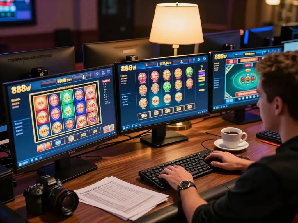 Engaging online gaming scene with multiple screens of 888vi showing various casino games for strategic gameplay.