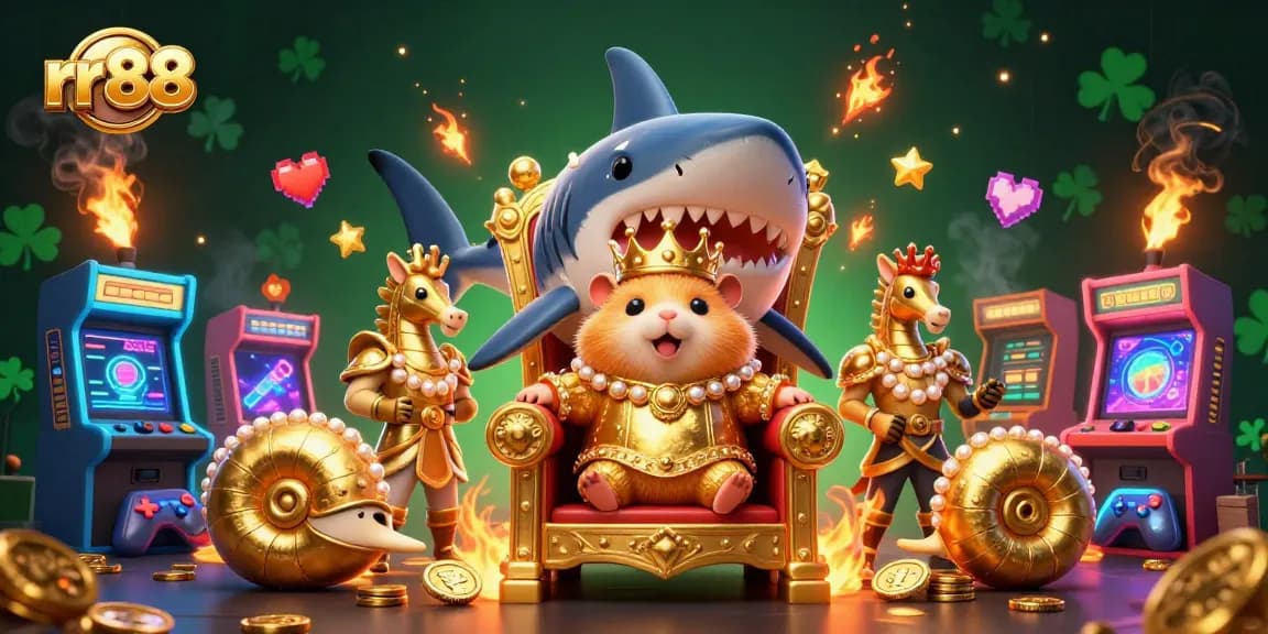Engage with rr88's vibrant casino gaming scene featuring a golden hamster king and immersive arcade elements.