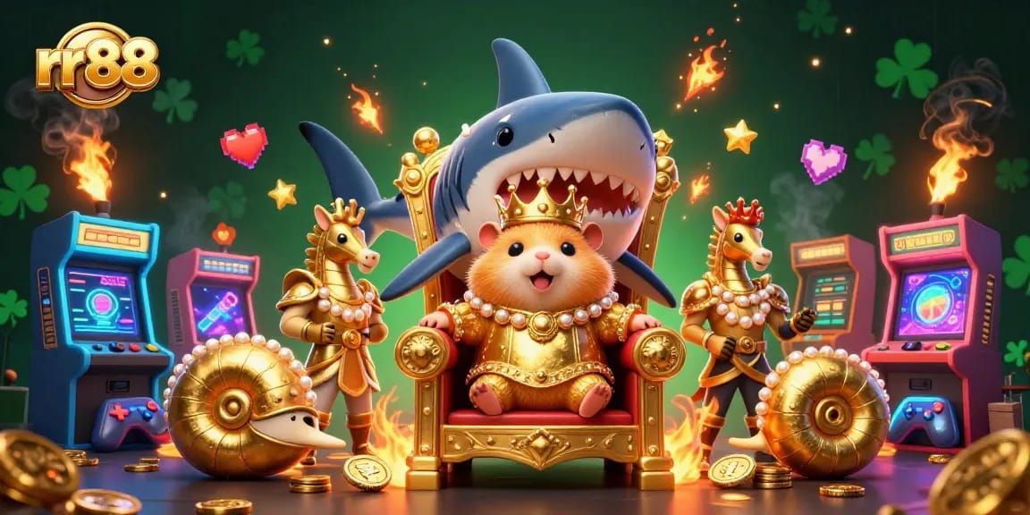Engage with rr88's vibrant casino gaming scene featuring a golden hamster king and immersive arcade elements.