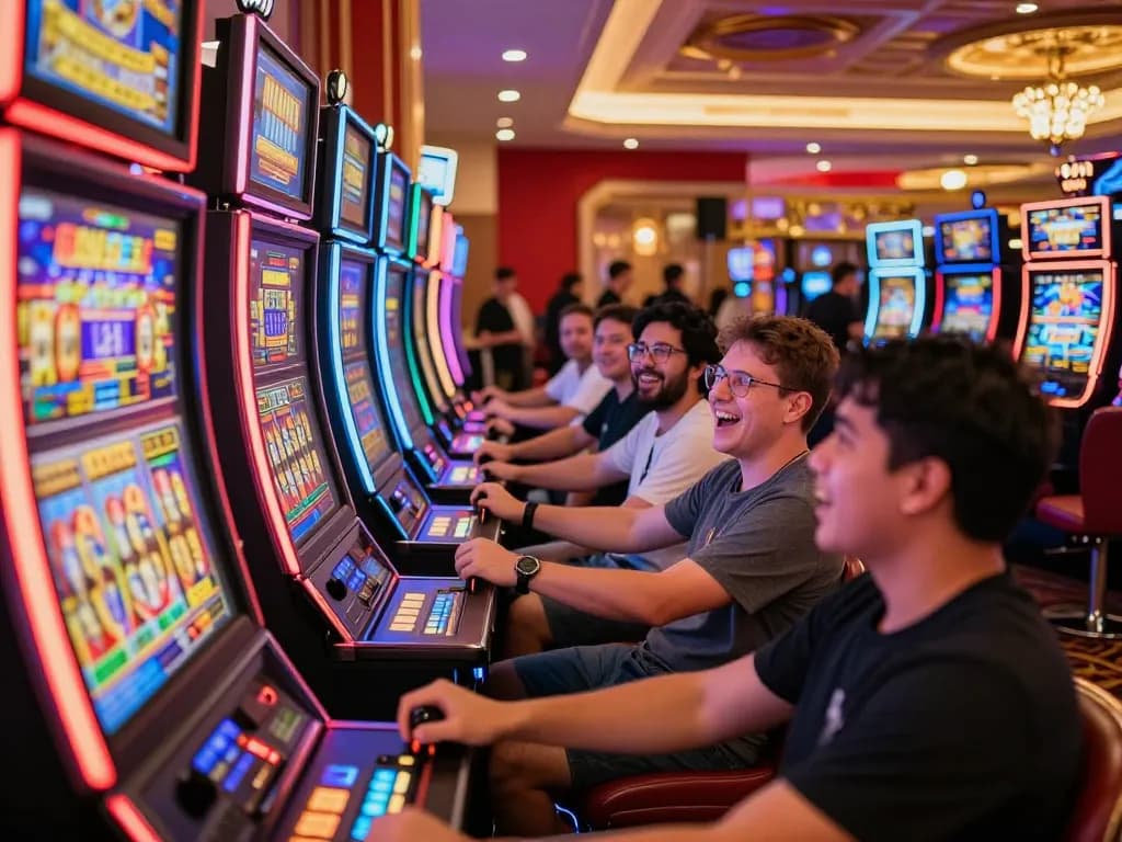 Exciting players winning at colorful 8xbet slot machines in a lively casino.